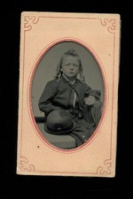 antique tintype photo little boy with long hair curls holding hat 1870s picture