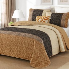 Quilted Bedspread Set 3 Piece Brown Tan Geometric Boho Coverlet 2 Pillow Shams picture