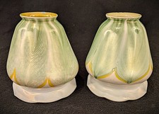 Pair of Quezal or Steuben Glass Green Pulled Feather Lamp Shades Unsigned picture