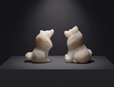 Vtg 2 White Marble Chukchi Dog Sculptures – Hand Carved Inuit Art Figurines picture
