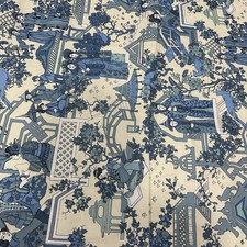 VINTAGE BLOOMCRAFT Rare Design Chinoiserie Upholstery Fabric Blue Ivory 9.3 Yds picture