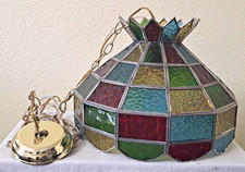 1970s VTG Multi- Color Panel Swag Stained Glass Hanging Swag Ceiling Lamp Shade picture