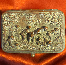 Vintage Embossed Metal Hinged Trinket Box, Cherub Scene, Lined Interior picture