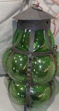 Antique GREEN Glass Hanging  Light Lamp Globe OLD Caged Glass MCM Hand Blown?? picture