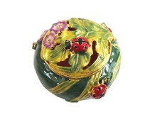 Bejeweled ladybug on leaf Hinged Metal Enameled Crystal Trinket box picture