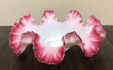 Antique Victorian Glass/Cranberry/Pink Ruffle Crimped Rim Wedding Brides Bowl picture