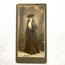 Antique 1890s Cabinet Card Woman in Edwardian Attire Long Coat White Blouse Hat picture