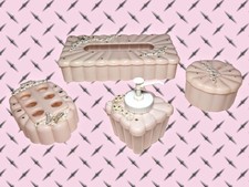 60'S MENDA Vintage Vanity Set Pink Rhinestones BUTTERFLIES Floral Powder Tissue picture