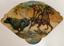 1950s TriFold Cardboard Hand Fan Salvador Valdez Monterrey Mexico Cowboy Art VTG picture