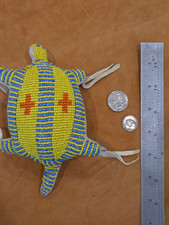 Native American Handmade Beaded Turtle Umbilical Fetish Leather Hide Yellow Blue picture