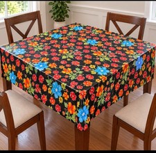 Oilcloth Brand 47x48 Floral Tablecloth Black Multicolor Square NWT picture