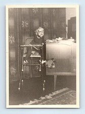 Old Vintage Photo SOLO BOY SITTING IN HIGH CHAIR PLAYING WITH TOYS SNAPSHOT picture