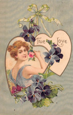 1907 Valentine's Day PC-Violets by Hearts Around Lovely Lady Smelling a Rose picture