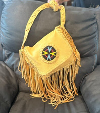 Vintage Handcrafted Buckskin Fringed Shoulder Bag Beaded Rosette & Braided Strap picture