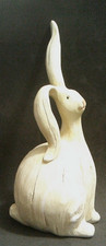 Whimsical White Resin Bunny Figurine Long Tall Ears Faux Carved Wood Look picture