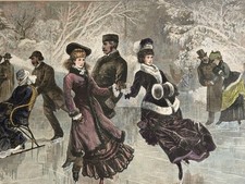 1877 SCHELL and HOGAN  SKATING IN CENTRAL PARK, HARPER’S WEEKLY HAND COLORED picture