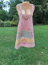 Vintage 1920s 30s Pinafore Apron Embroidered Color Block Flax Linen Handmade picture