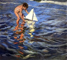 Oil painting The Young Yachtsman little boy playing by summer beach Hand painted picture
