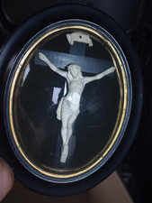 Antique 19thc meerschaum crucifix christ convex glass globe plaque religious picture