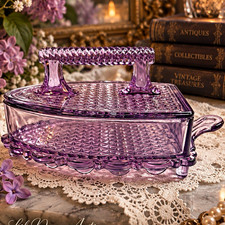 Vintage Imperial Glass #971 Amethyst Purple Flat Iron Candy Dish w Lid picture