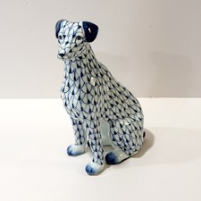 Andrea by Sadek Sitting Dog Figurine Blue White Fishnet Porcelain picture