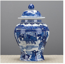 Blue, White Porcelain Chinoiserie Temple Jar. Hand Painted (15”H) picture