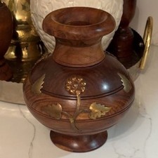 Vintage Handcrafted Wood and Brass Inlay Floral Vase picture