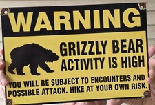 VINTAGE 1960'S WARNING GRIZZLY BEAR PORCELAIN SIGN 12