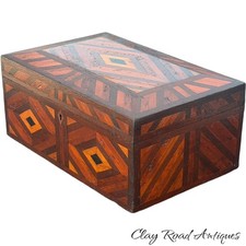 Antique 19th C Folk Art Geometric Parquetry Inlaid Wood Document Box Chest picture