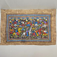 Mexican Folk Art Amate Bark Painting Village Festival Scene 23x15 Vibrant Color picture